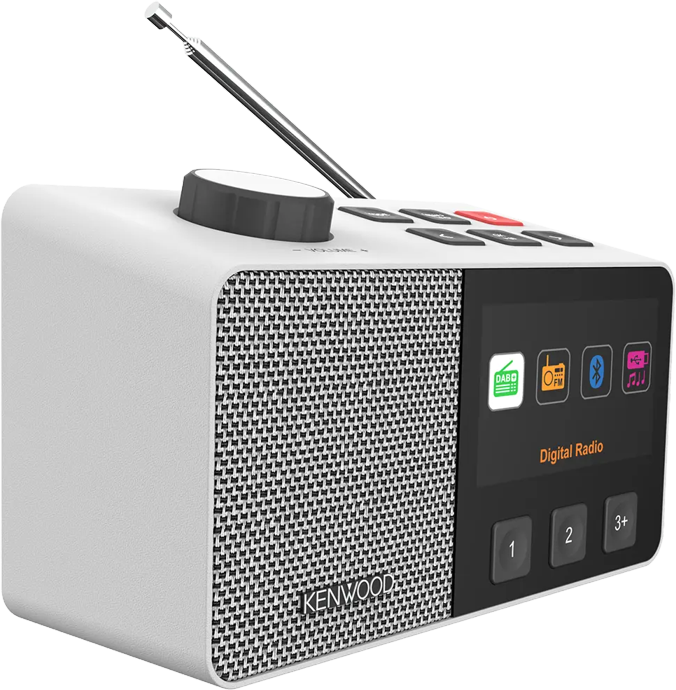 Une radio numérique Kenwood blanche et noire avec haut-parleur, boutons et antenne.