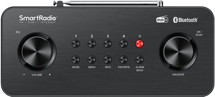 Une SmartRadio noire avec des boutons pour le volume, l'égalisation et la navigation. Elle a des boutons préréglés et un bouton d'alimentation rouge.