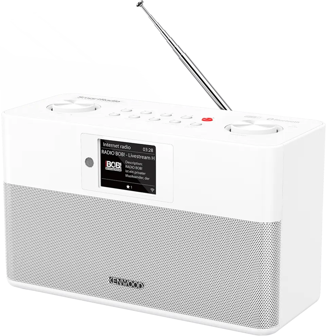 Una radio Kenwood bianca con schermo che mostra le informazioni 'RADIO BOB!', antenna e pulsanti di controllo.