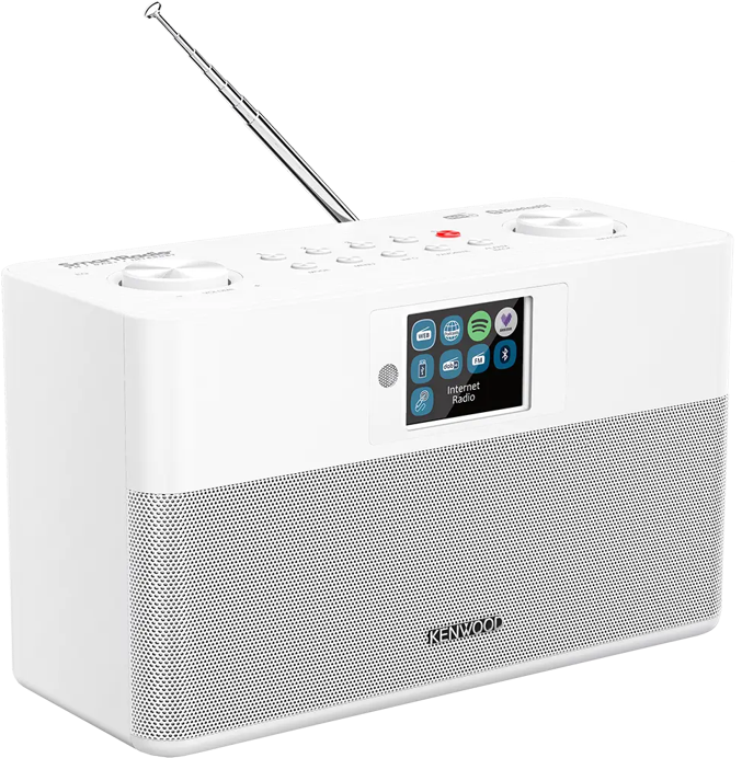 Una radio Internet Kenwood bianca. Ha uno schermo, una griglia per altoparlanti, pulsanti e un'antenna. Lo schermo mostra icone di app.