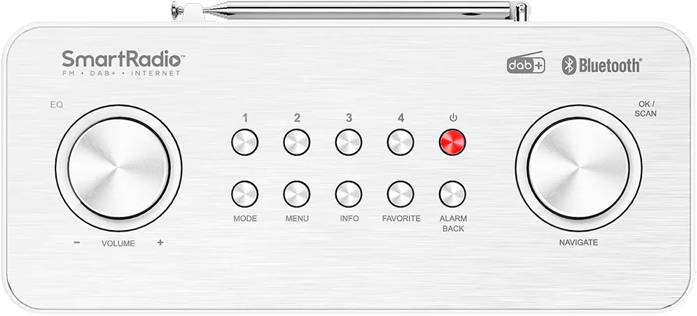 SmartRadio bianco con pulsanti e manopole. Le funzioni includono volume, navigazione e pulsanti preimpostati. Il pulsante di accensione è rosso.