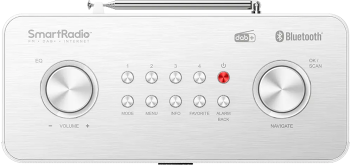 SmartRadio argenté avec boutons : volume, mode, menu, info, favori, alarme, navigation et chiffres. Bluetooth et DAB+.