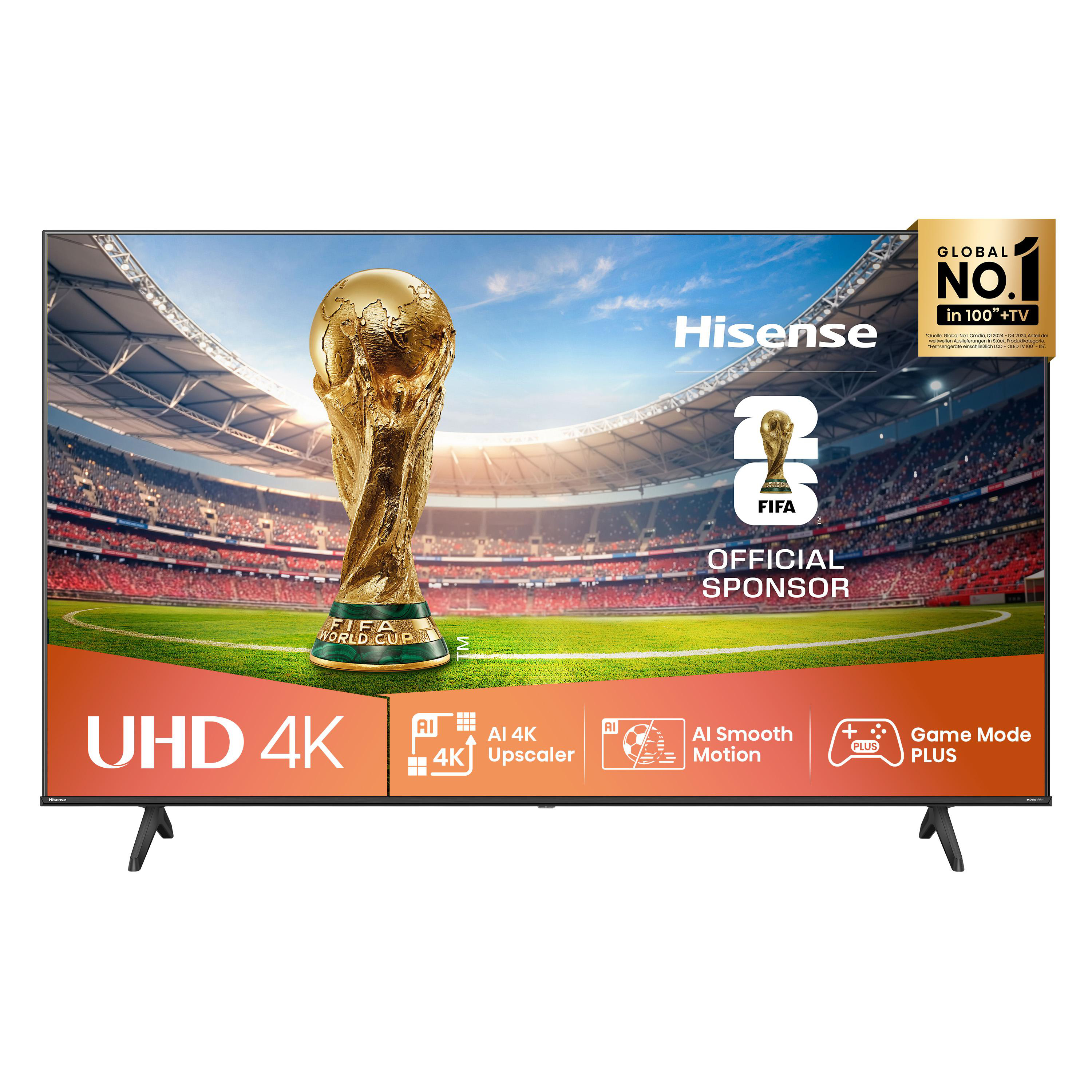 Hisense-Fernseher zeigt eine Fußballstadionszene. Eine FIFA-Trophäe ist auf dem Bildschirm. Der Fernseher ist UHD 4K, mit KI-Funktionen.
