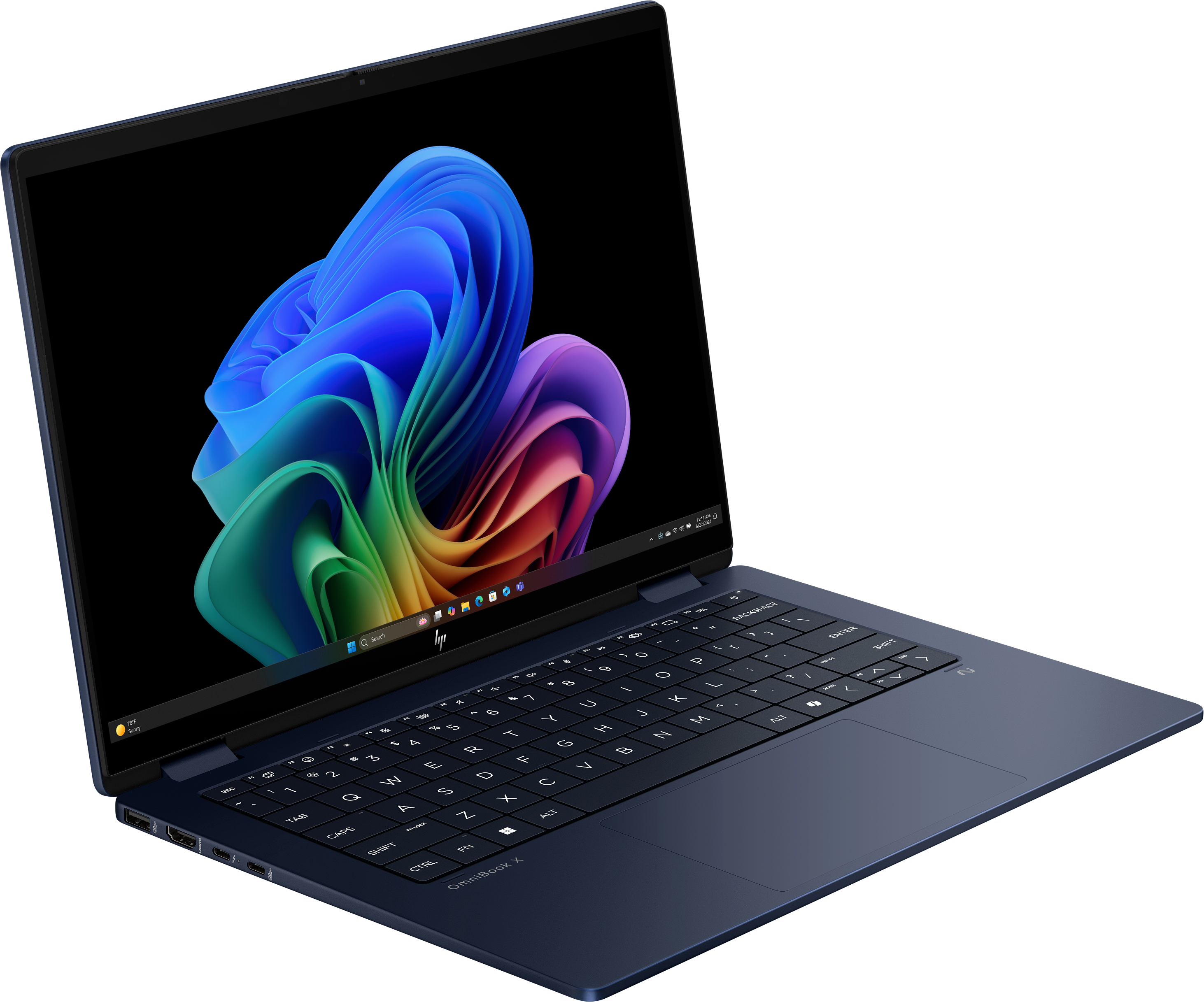 Blauer Laptop mit farbenfrohem Bildschirm, Tastatur sichtbar. Der Hintergrund ist schwarz.