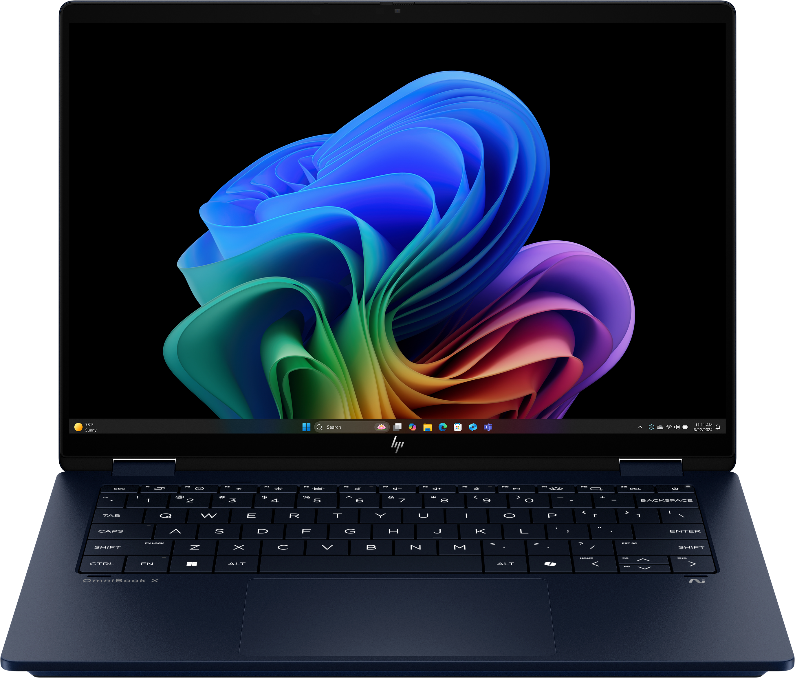 Dunkelblauer Laptop, geöffnet, zeigt farbenfrohe abstrakte Kunst. Tastatur darunter, HP-Logo sichtbar.