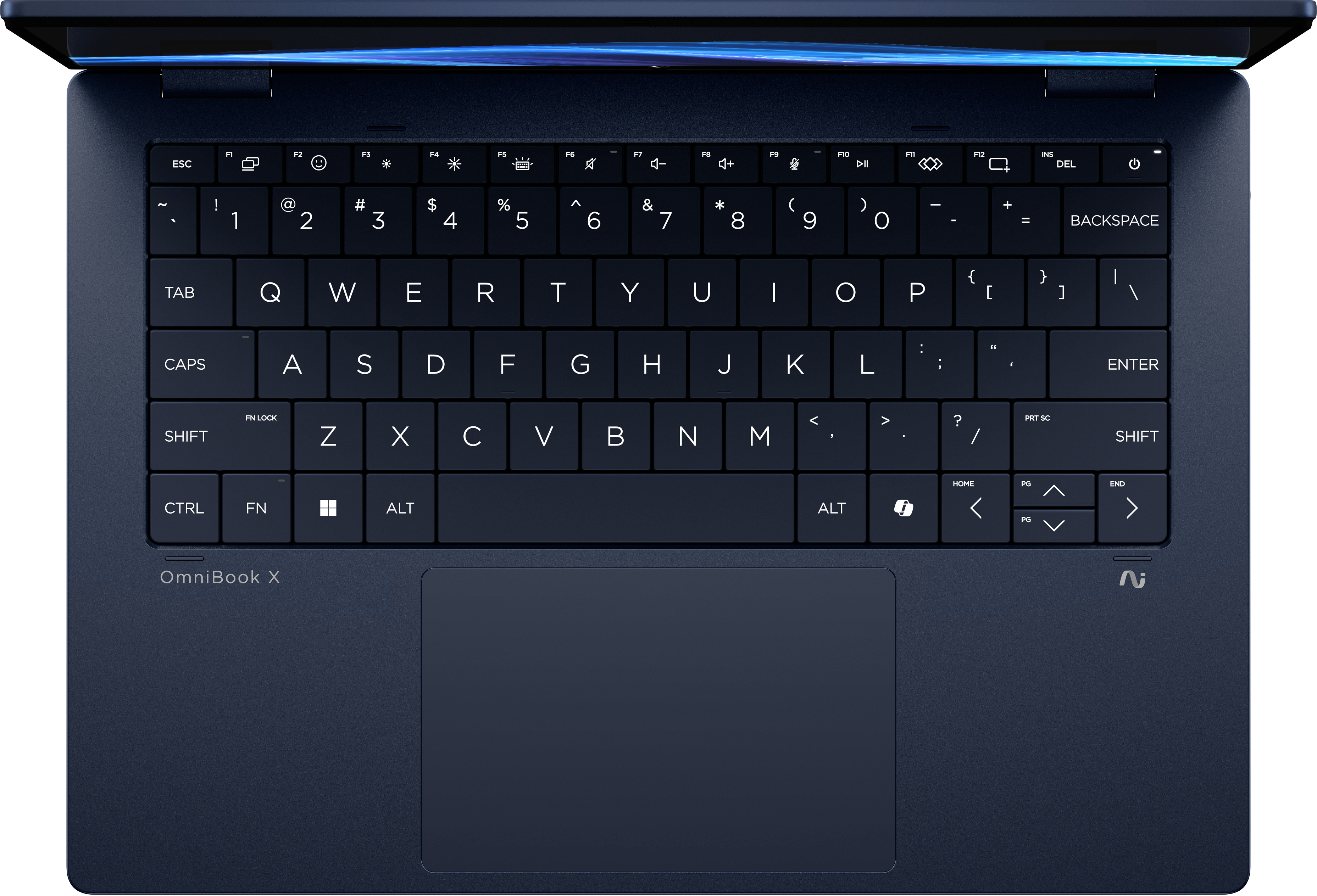 Draufsicht auf eine marineblaue Laptop-Tastatur. Die Tasten sind weiße Zeichen auf dunklem Hintergrund. Touchpad unten.