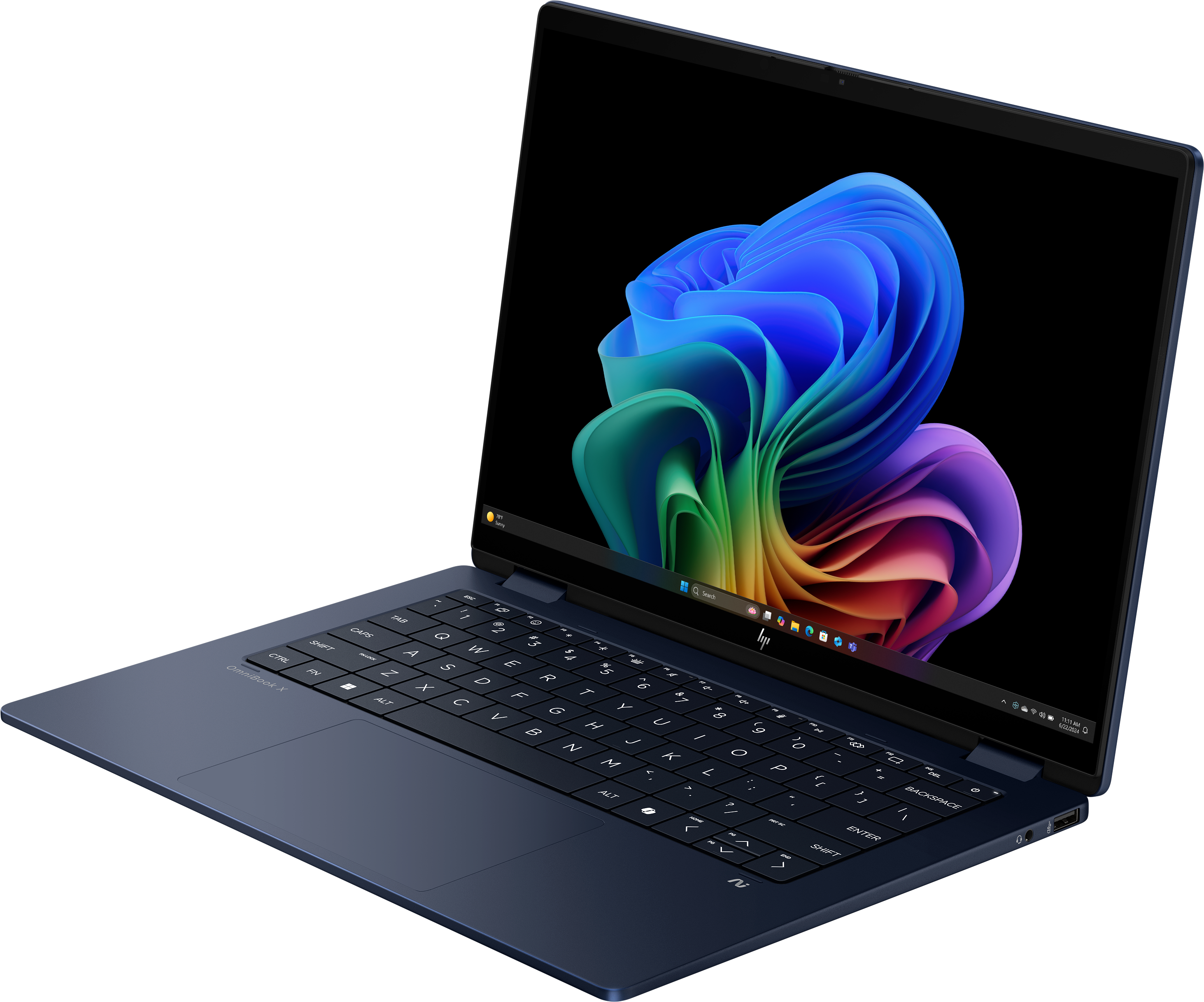 Dunkelblauer Laptop, geöffnet, zeigt ein farbenfrohes abstraktes Bild auf schwarzem Hintergrund. Tastatur sichtbar.