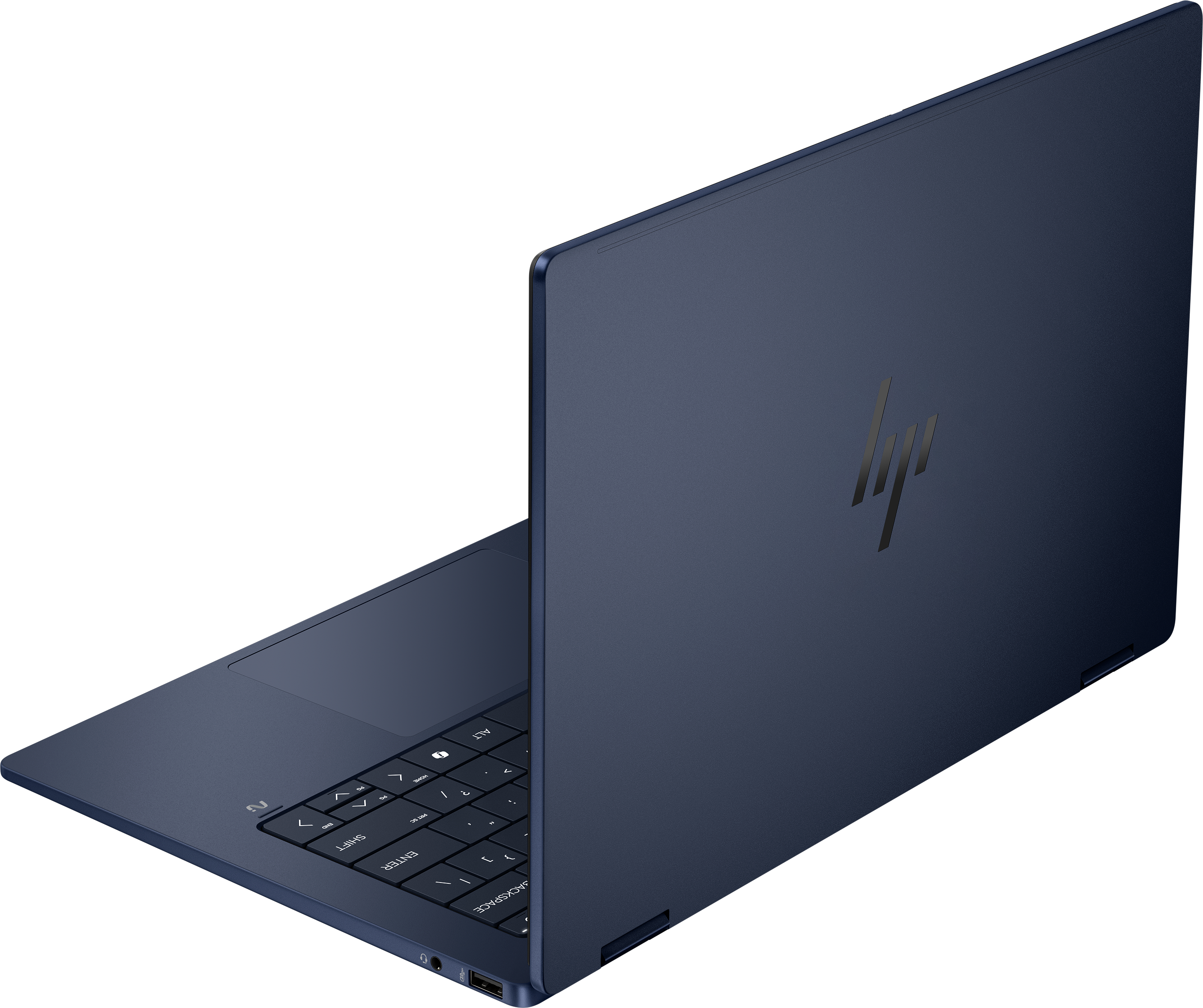 Ein marineblauer Laptop, leicht geöffnet, mit Tastatur. Das HP-Logo ist auf dem Deckel sichtbar.