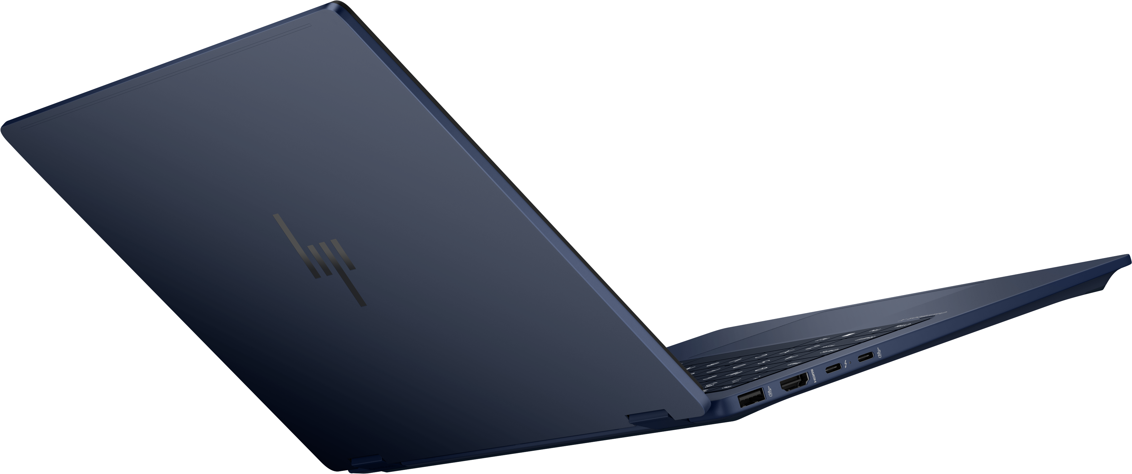 Ein marineblauer Laptop, teilweise geöffnet, vor schwarzem Hintergrund. Tastatur und Anschlüsse sind sichtbar.