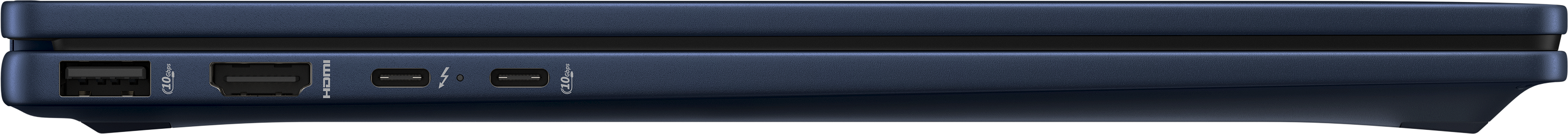 Seitenansicht eines blauen Laptops mit verschiedenen Anschlüssen wie USB, HDMI und USB-C. Schwarzer Hintergrund.