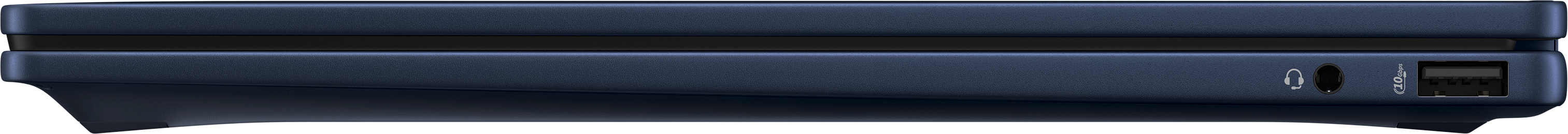 Seitenansicht eines blauen elektronischen Geräts mit Kopfhöreranschluss, USB-Anschluss und 10 Gbit/s-Markierung.