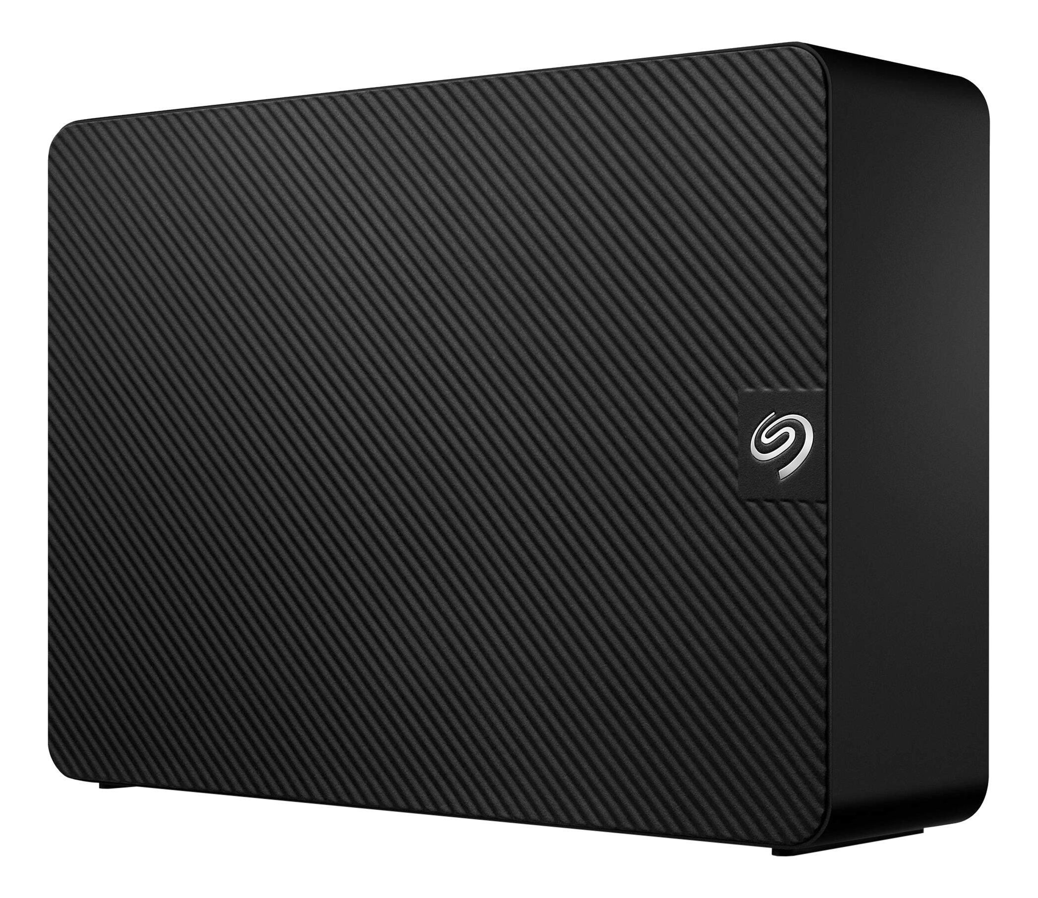 Disque dur externe noir avec une surface texturée et un logo argenté. Le boîtier est rectangulaire avec des coins arrondis.