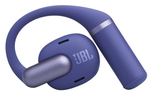 Fioletowy i szary słuchawka JBL. Ma zakrzywiony kształt, który przechodzi przez ucho. Marka JBL jest wydrukowana na wkładce.