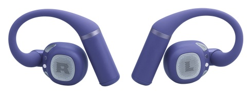 Para fioletowych słuchawek sportowych. Każda ma zakrzywiony haczyk na ucho, głośnik i cylindryczną sekcję. Widoczne srebrne akcenty.