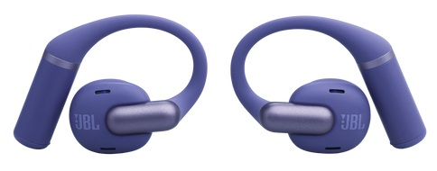 Dwa fioletowe słuchawki JBL, z zaczepami na uszy, na białym tle.