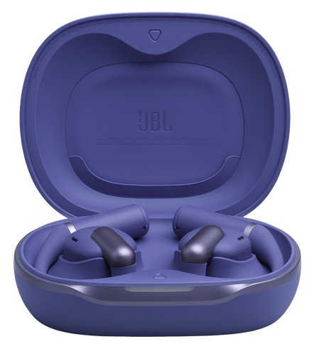 Otwarty fioletowy futerał na słuchawki JBL ze słuchawkami w środku. Etui jest otwarte, pokazując słuchawki w ich gniazdach ładujących. Widoczne jest logo JBL.