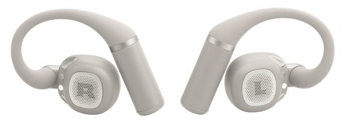 Dwa szare bezprzewodowe słuchawki z haczykami na uszy, białe tło. Każdy ma głośnik i haczyk na ucho.