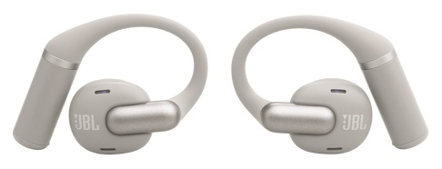 Dwa szare bezprzewodowe słuchawki JBL. Każdy ma okrągłą wkładkę douszną, haczyk na ucho i srebrny akcent. Widoczne logo JBL.