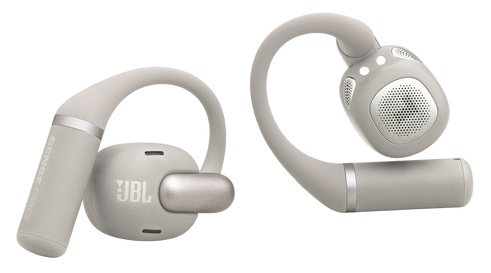 Pokazano dwa szare słuchawki sportowe JBL. Każdy ma wkładkę douszną, haczyk na ucho i trzon. Widoczne jest logo JBL.