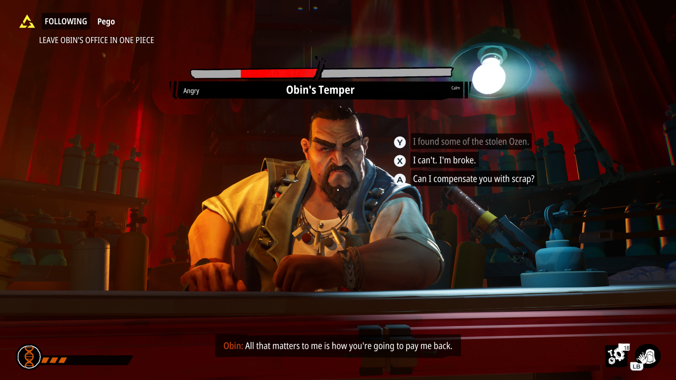 Mężczyzna z brodą za ladą. Interfejs gry pokazuje opcje dialogowe i wskaźnik gniewu.