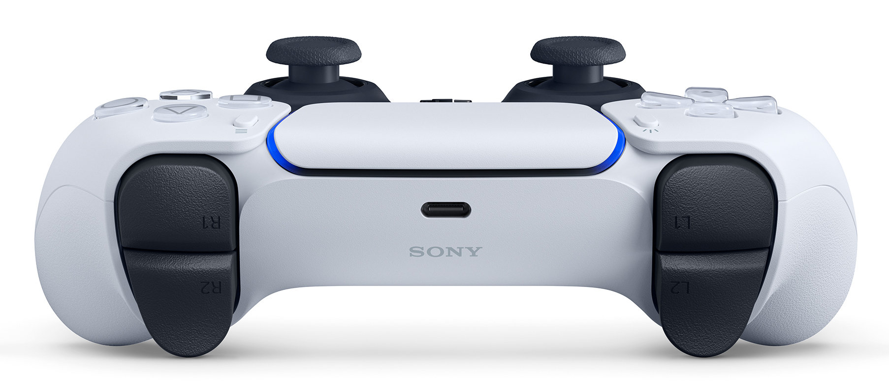 Biały kontroler Playstation 5. Posiada czarne joysticki, przyciski, triggery i port USB-C. Widoczne jest logo Sony.