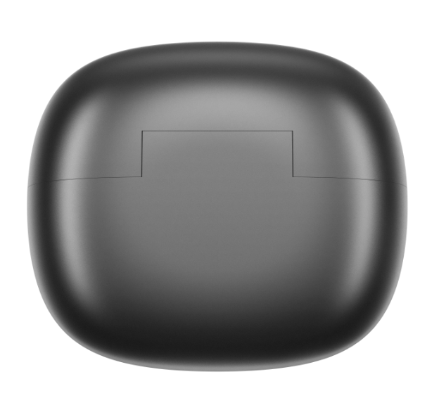 Zbliżenie ciemnoszarego, owalnego etui ładującego słuchawki, z prostokątnym wgłębieniem na górze.
