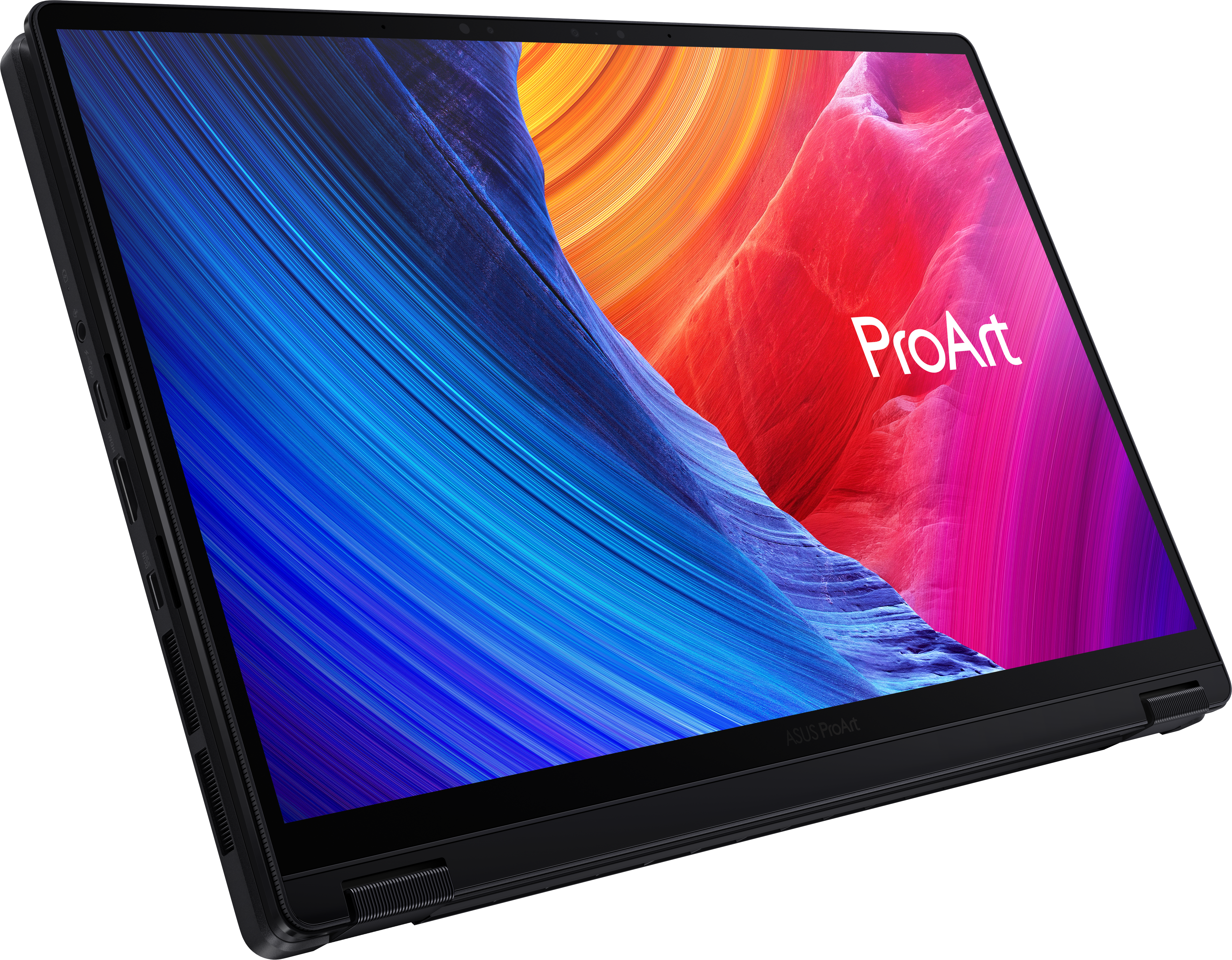 Ordinateur portable noir avec écran coloré affichant le logo ProArt. L'écran affiche une œuvre abstraite bleue, rouge et orange.