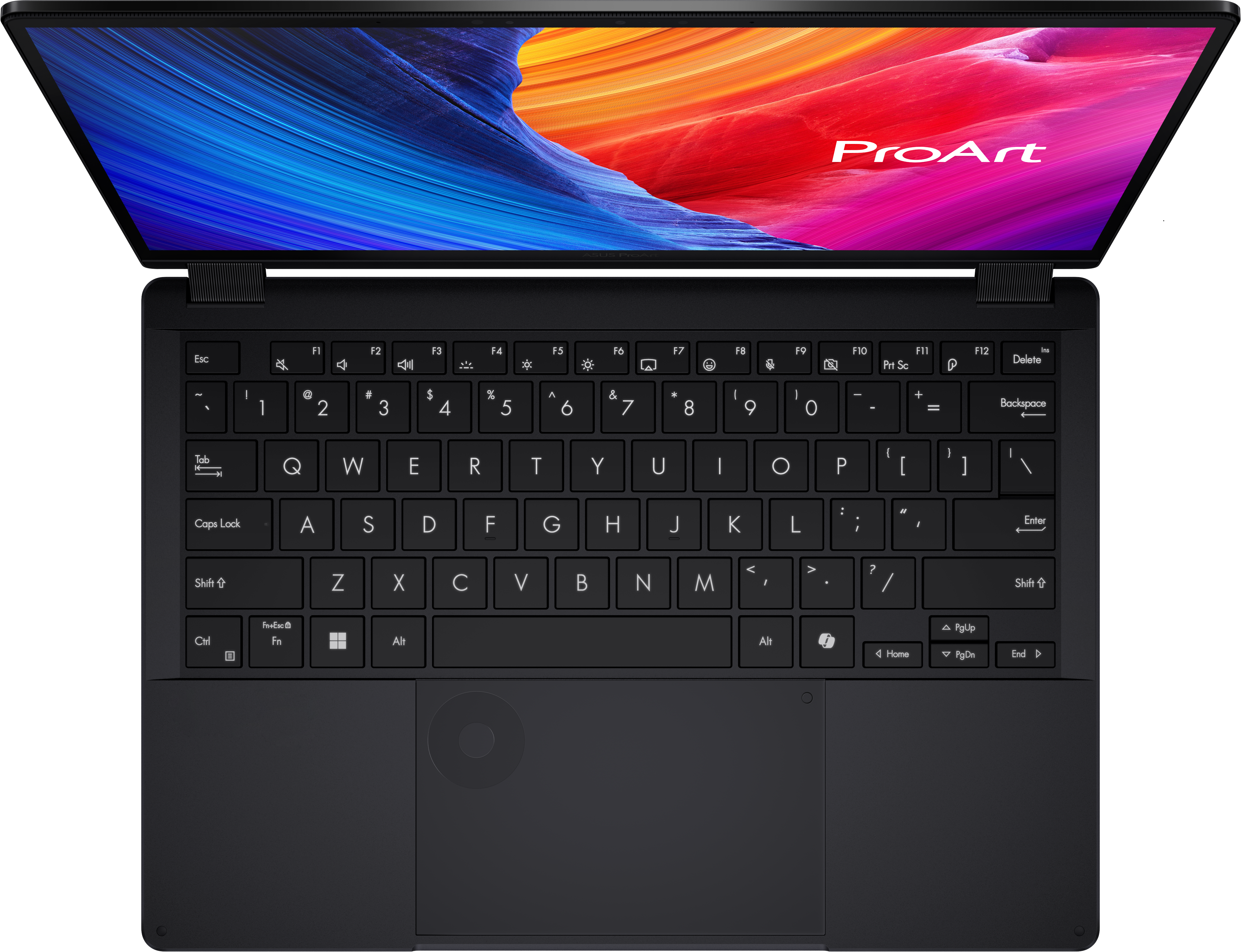 Ordinateur portable noir avec écran ouvert affichant un design coloré. Clavier et pavé tactile visibles.