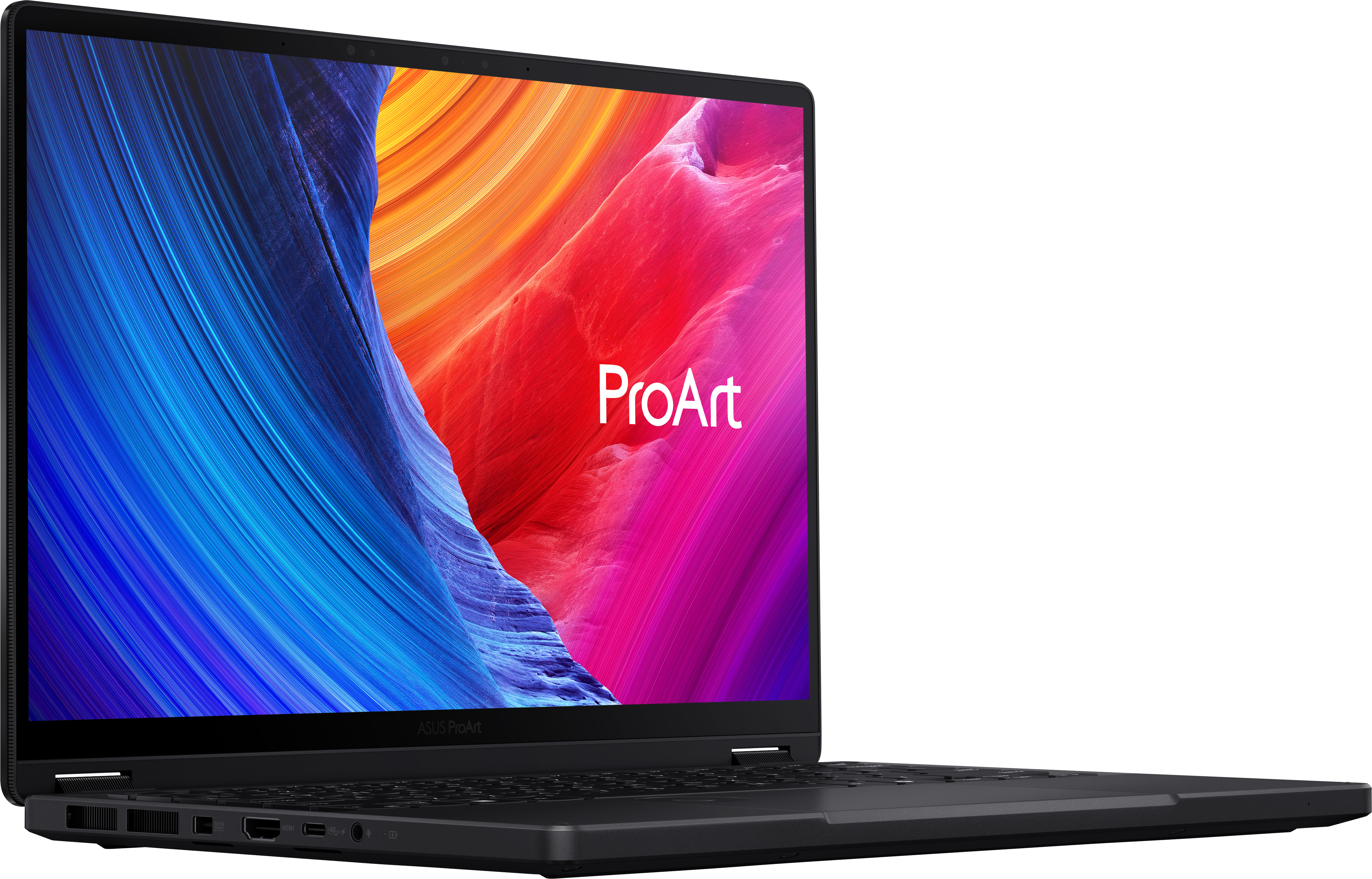 Un ordinateur portable ASUS ProArt noir est ouvert, affichant une image abstraite colorée. L'ordinateur portable est sur fond blanc.
