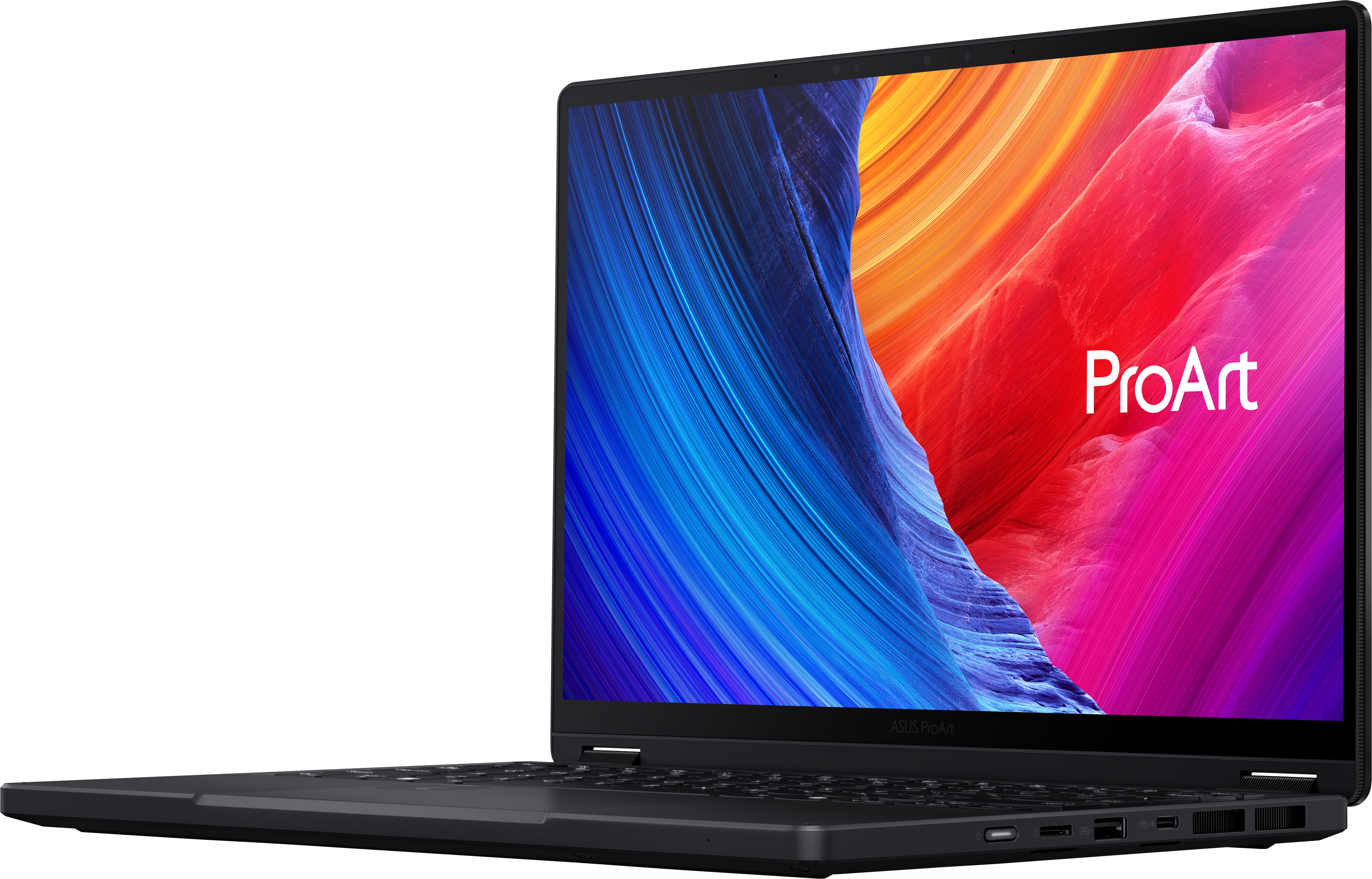 Un ordinateur portable ASUS ProArt gris foncé est ouvert. L'écran affiche une image abstraite colorée. Le clavier et les ports sont visibles.