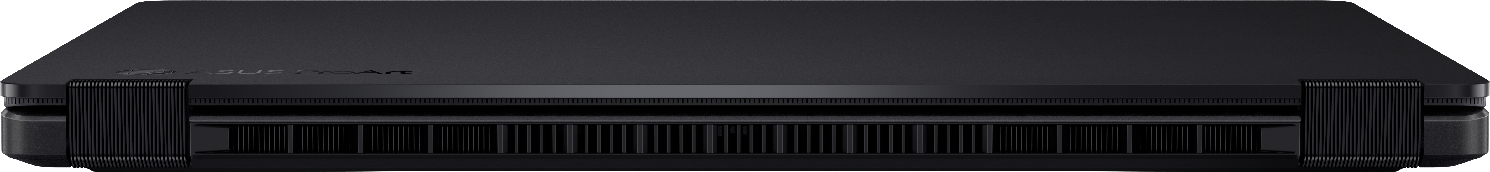 Appareil ASUS ProArt noir. Design épuré avec des évents visibles et des panneaux latéraux nervurés. Surface supérieure plate.