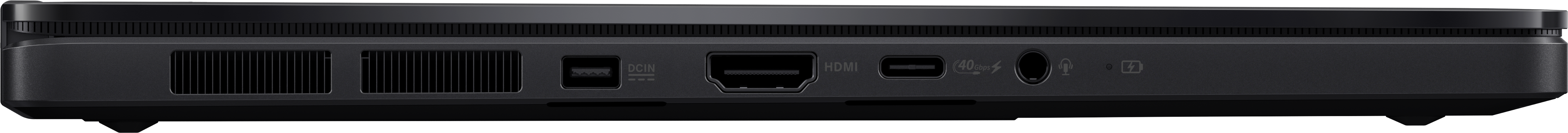 Bord inférieur d'un ordinateur portable noir. Il possède des aérations, des ports, dont HDMI, USB-C et audio.