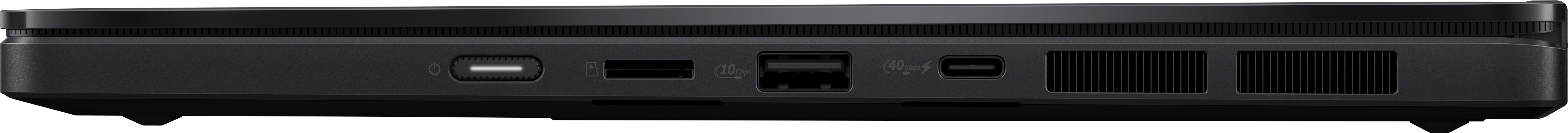 Le côté d'un ordinateur portable noir. Il possède des ports pour l'alimentation, l'USB et des fentes de refroidissement.