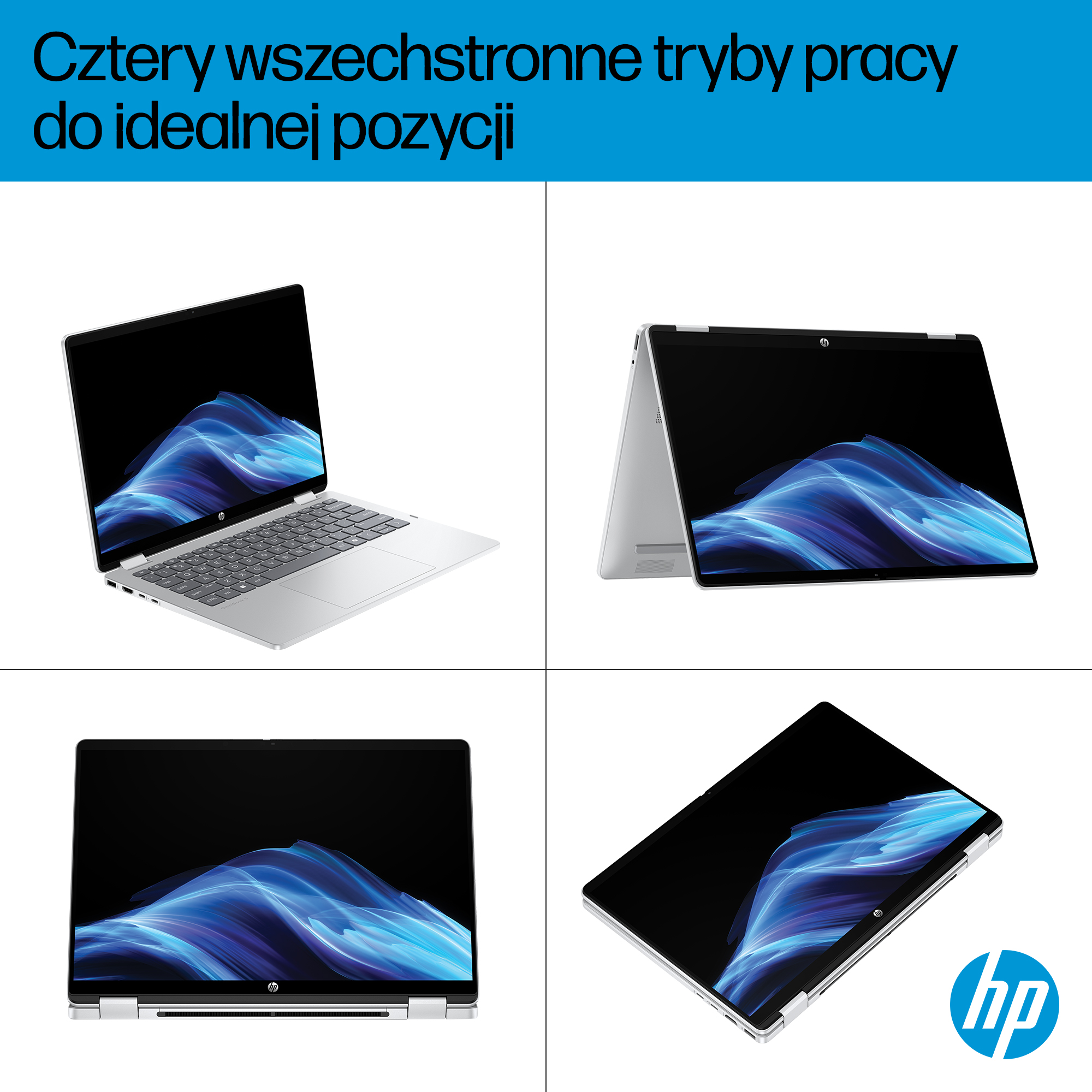 Cztery laptopy w różnych pozycjach. Każdy ma czarny ekran z niebiesko-białym abstrakcyjnym wzorem, logo HP.