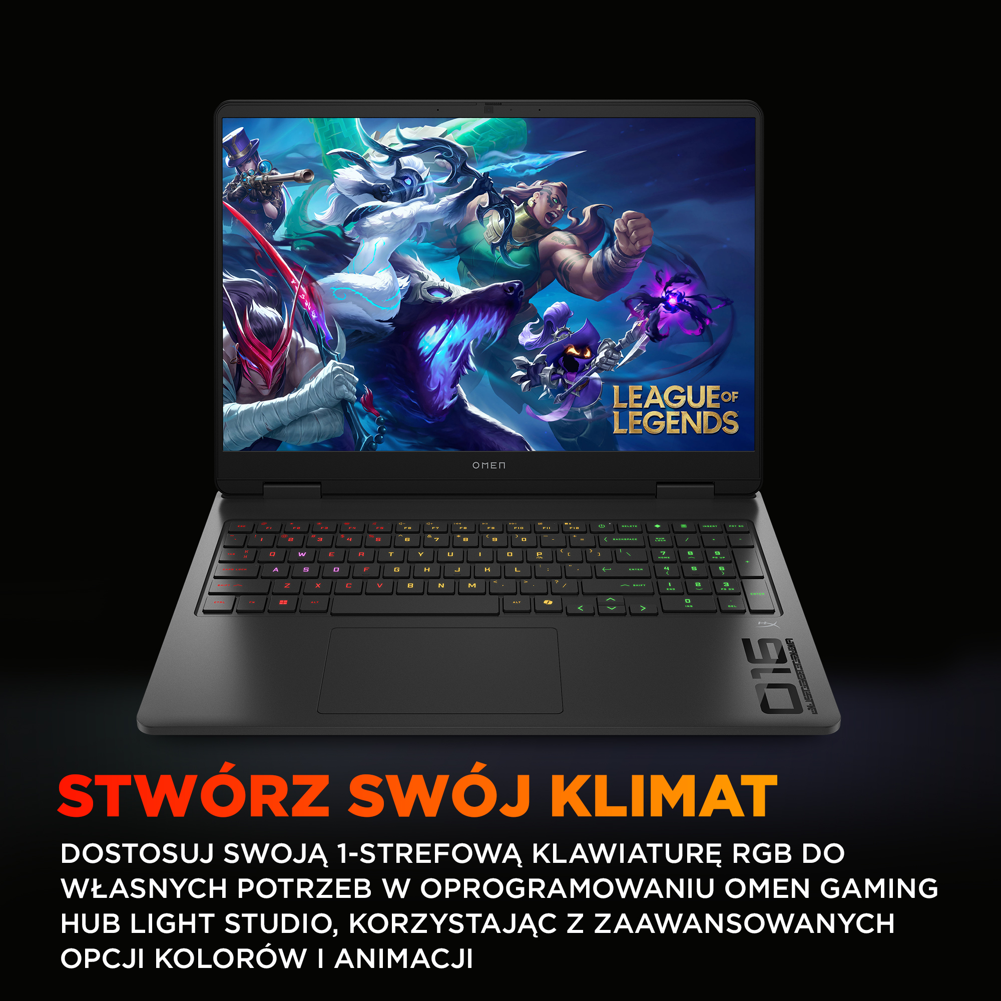 Laptop z grą. Podświetlana klawiatura. Tekst: 'STWÓRZ SWÓJ KLIMAT', co oznacza 'STWÓRZ SWÓJ KLIMAT'.