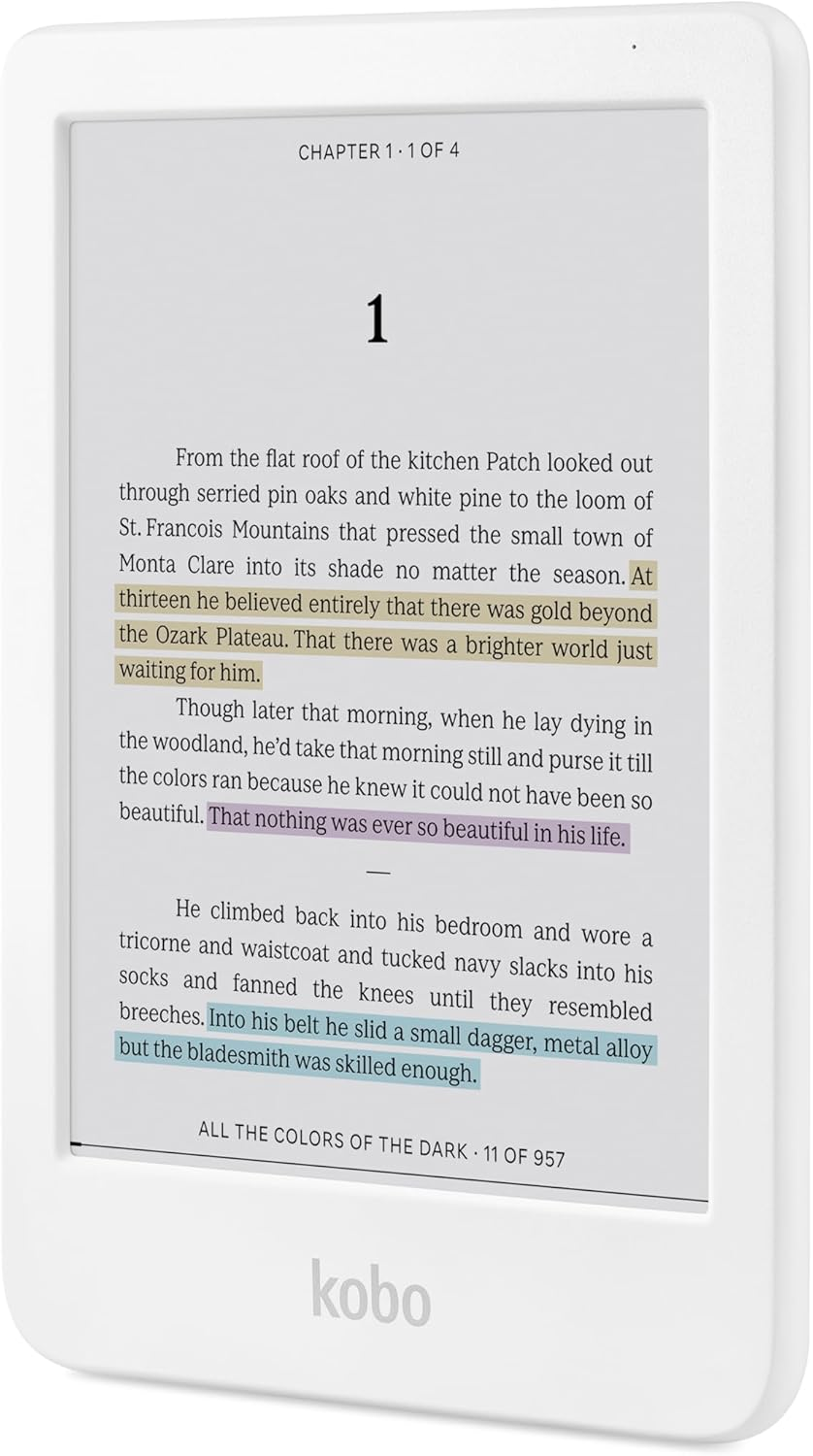 Un e-reader visualizza testo, un titolo di capitolo e un paragrafo. Il dispositivo è bianco con schermo grigio e logo kobo in basso.
