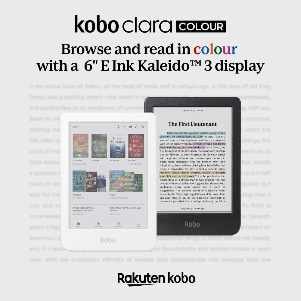 E-reader Kobo che mostra un libro, con la scritta 'Kobo Clara Colour' in alto.