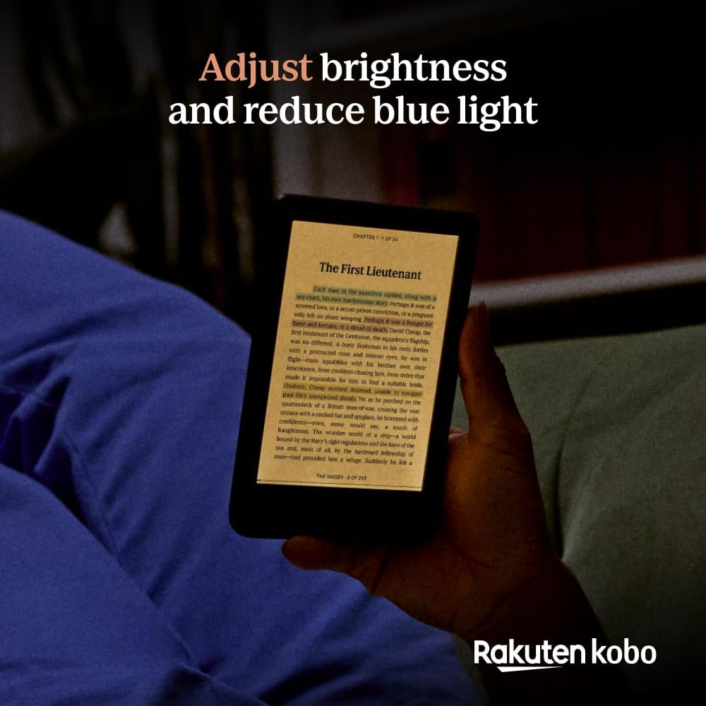 Una mano tiene un e-reader che mostra del testo. Lo schermo mostra una pagina di libro, visibile il logo Rakuten Kobo.