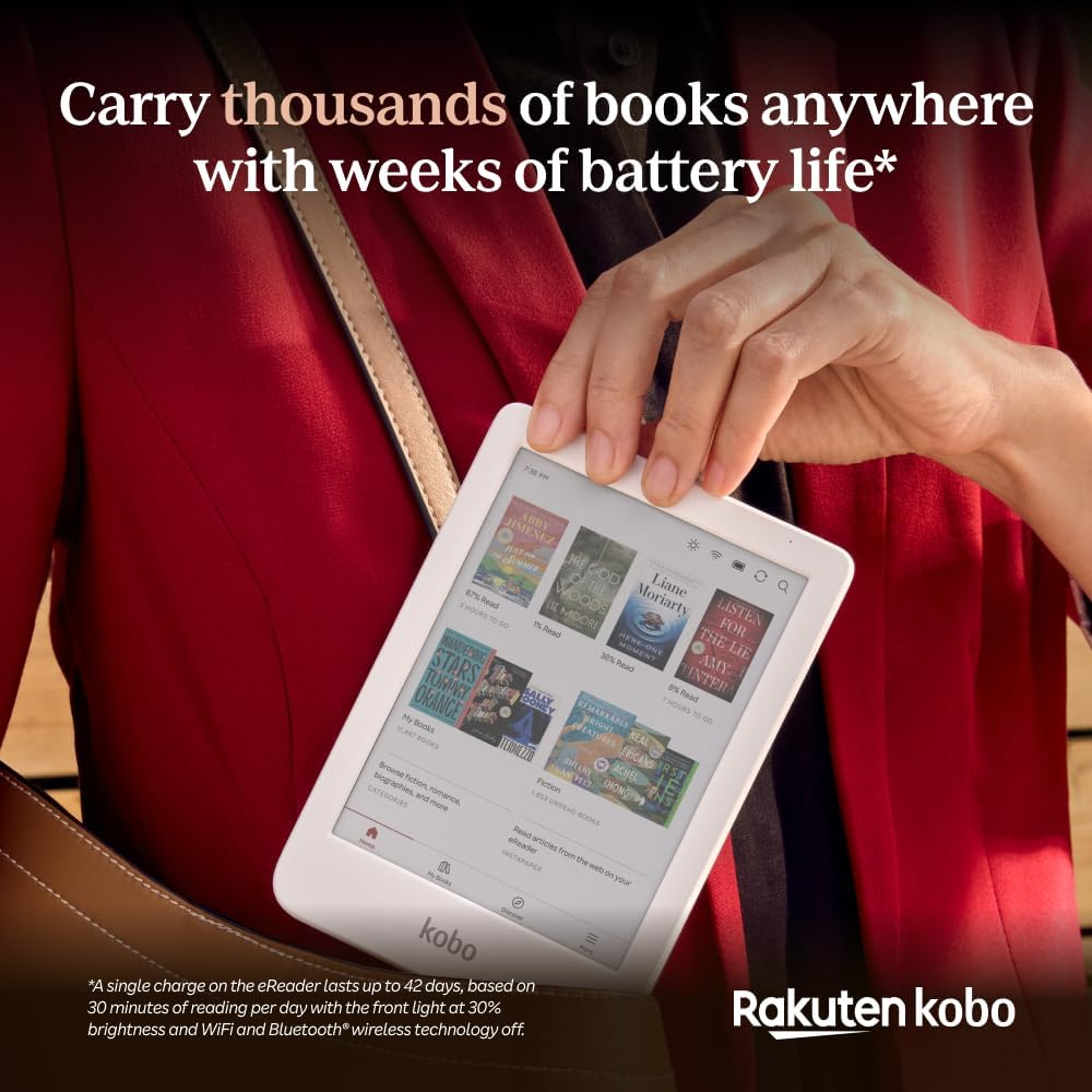 Una persona tiene in mano un lettore Kobo con copertine di libri. Testo: Porta con te migliaia di libri con settimane di batteria.