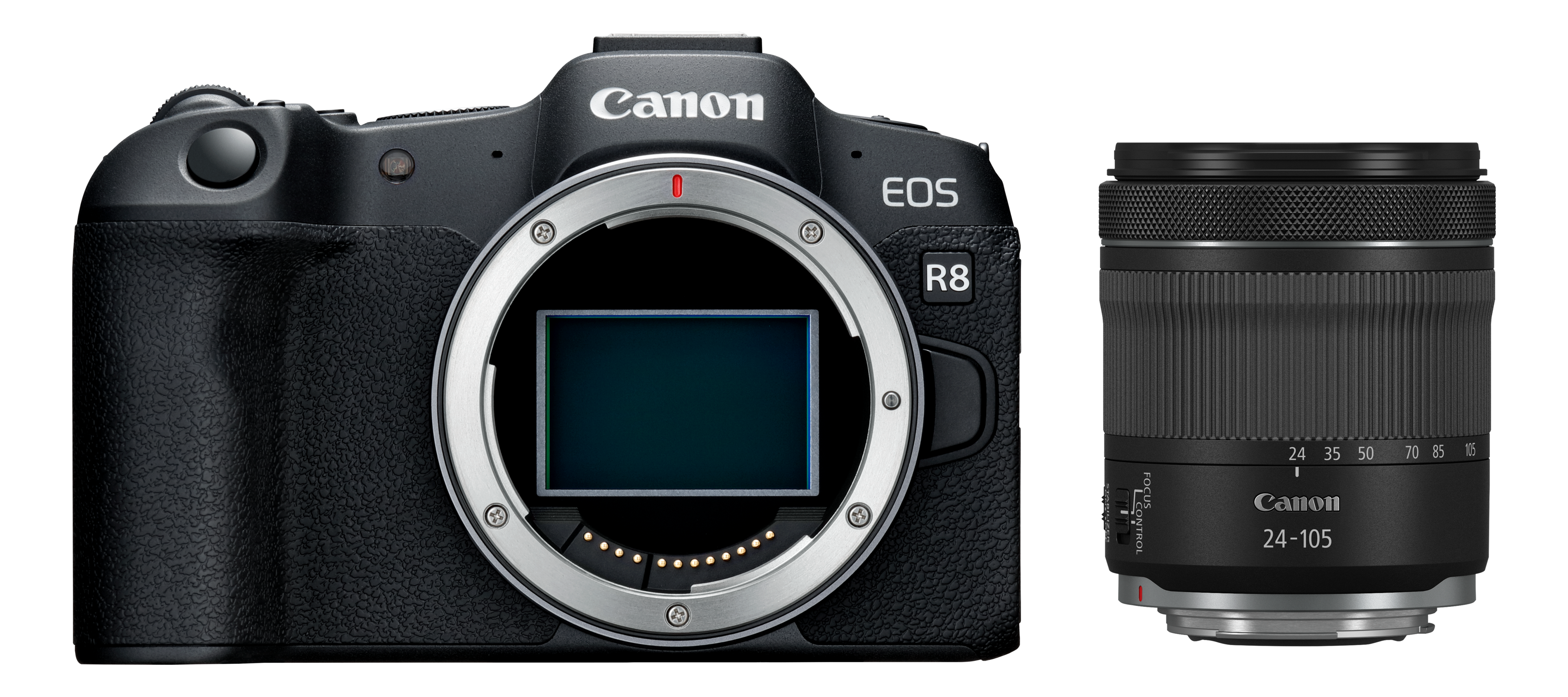 Un appareil photo Canon EOS R8 noir avec un objectif. L'appareil photo a une monture d'objectif et un écran. L'objectif est noir et comporte des chiffres.