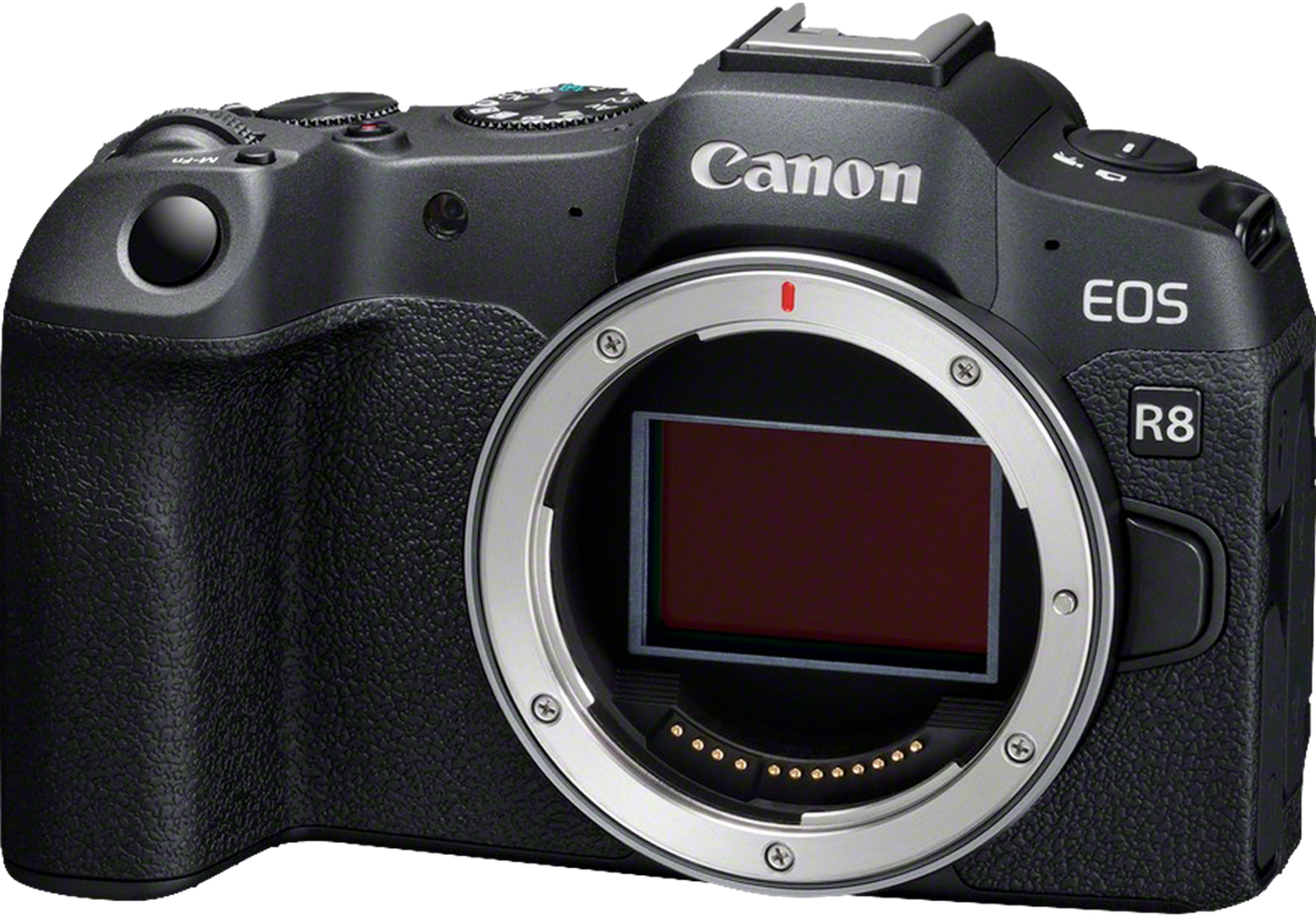 Un appareil photo Canon EOS R8 noir. La monture d'objectif est argentée. L'appareil dispose de boutons et de molettes.