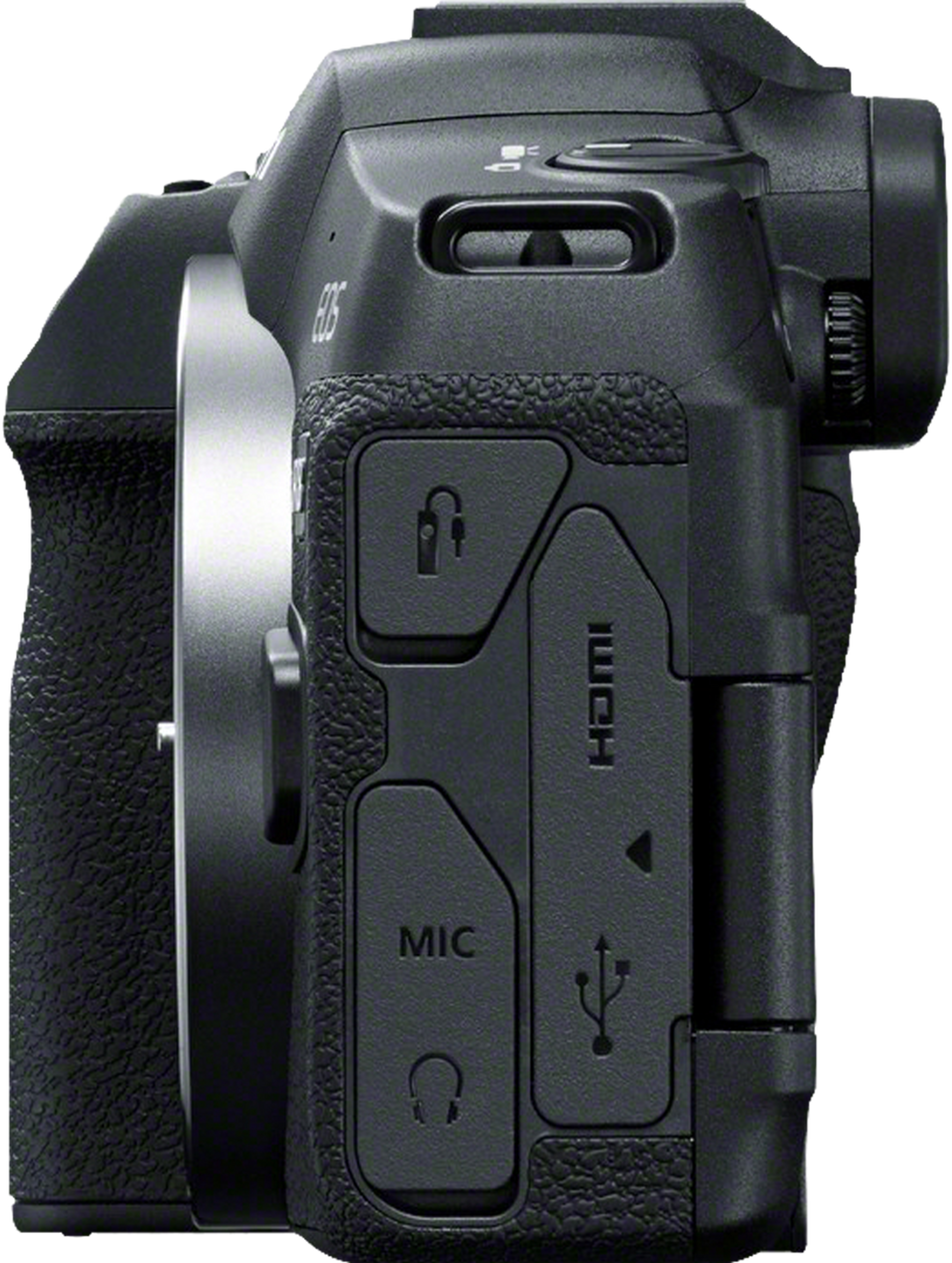 Vue latérale d'un appareil photo noir, avec boutons HDMI, MIC et prise casque. Poignée texturée et détail de l'objectif.