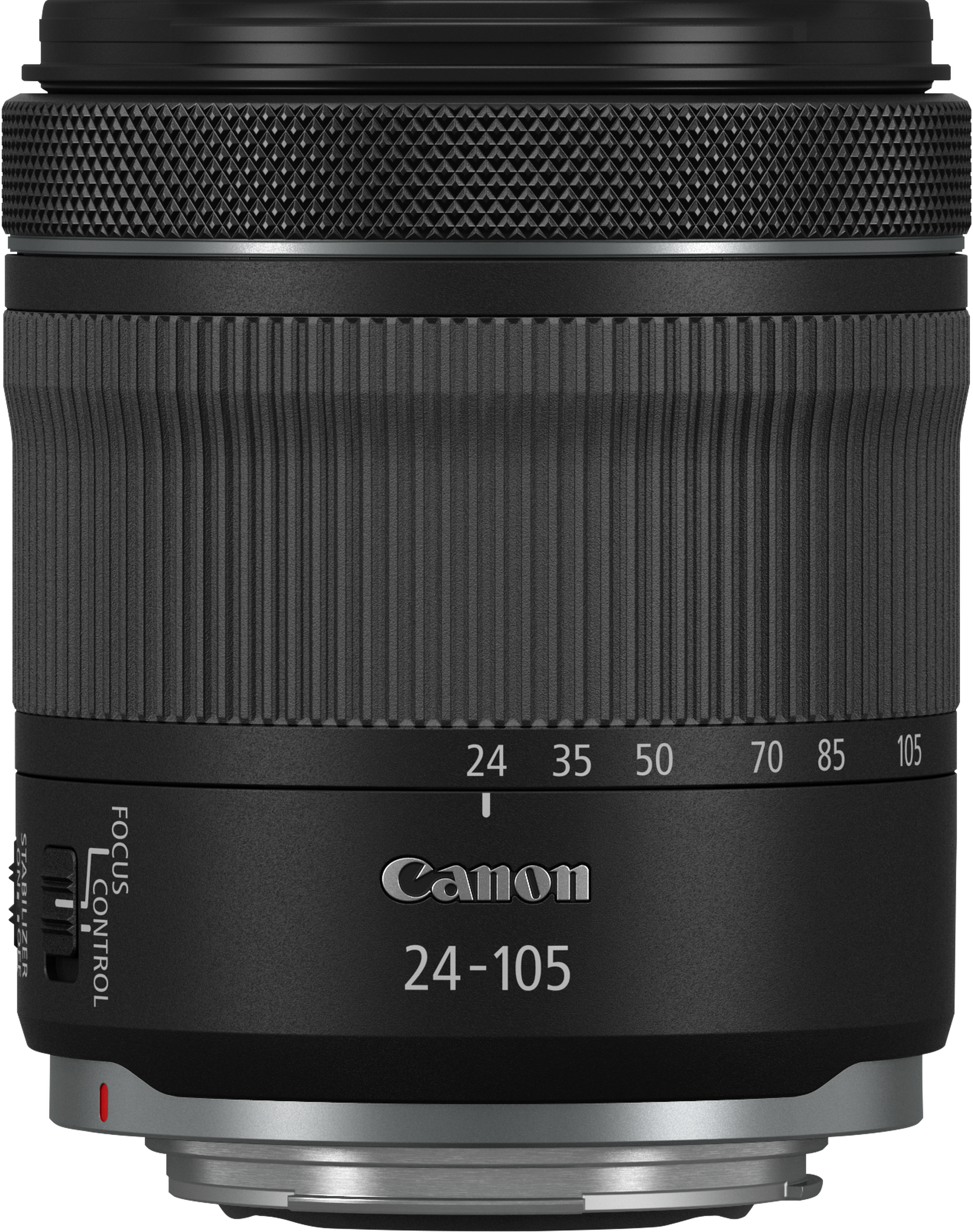 Un objectif d'appareil photo Canon 24-105mm. Il est noir avec une base argentée et des commandes de mise au point et de stabilisation.
