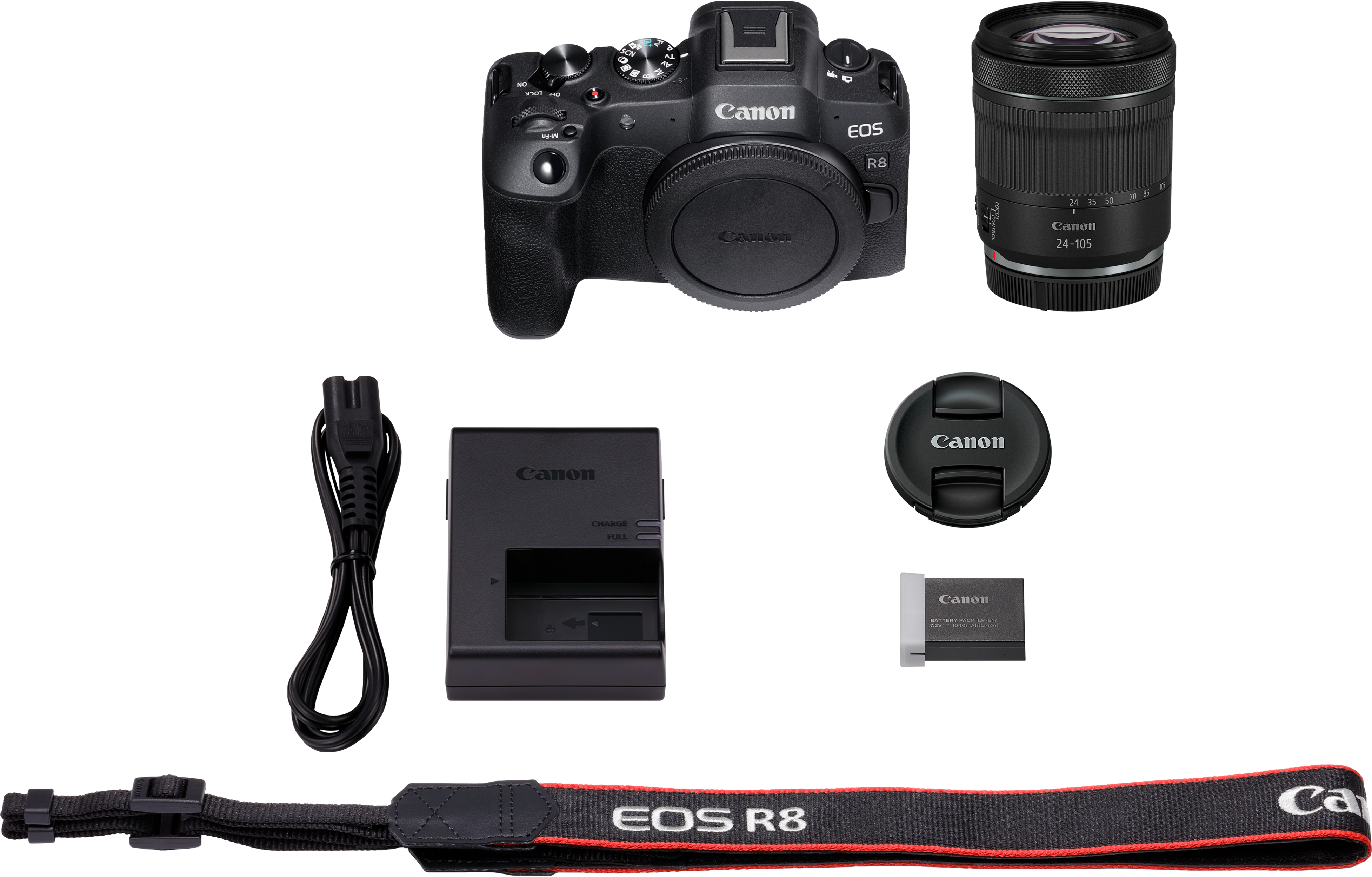 Un kit de caméra Canon EOS R8 est présenté. Il comprend l'appareil photo, l'objectif, le chargeur, la batterie et la sangle, sur fond noir.