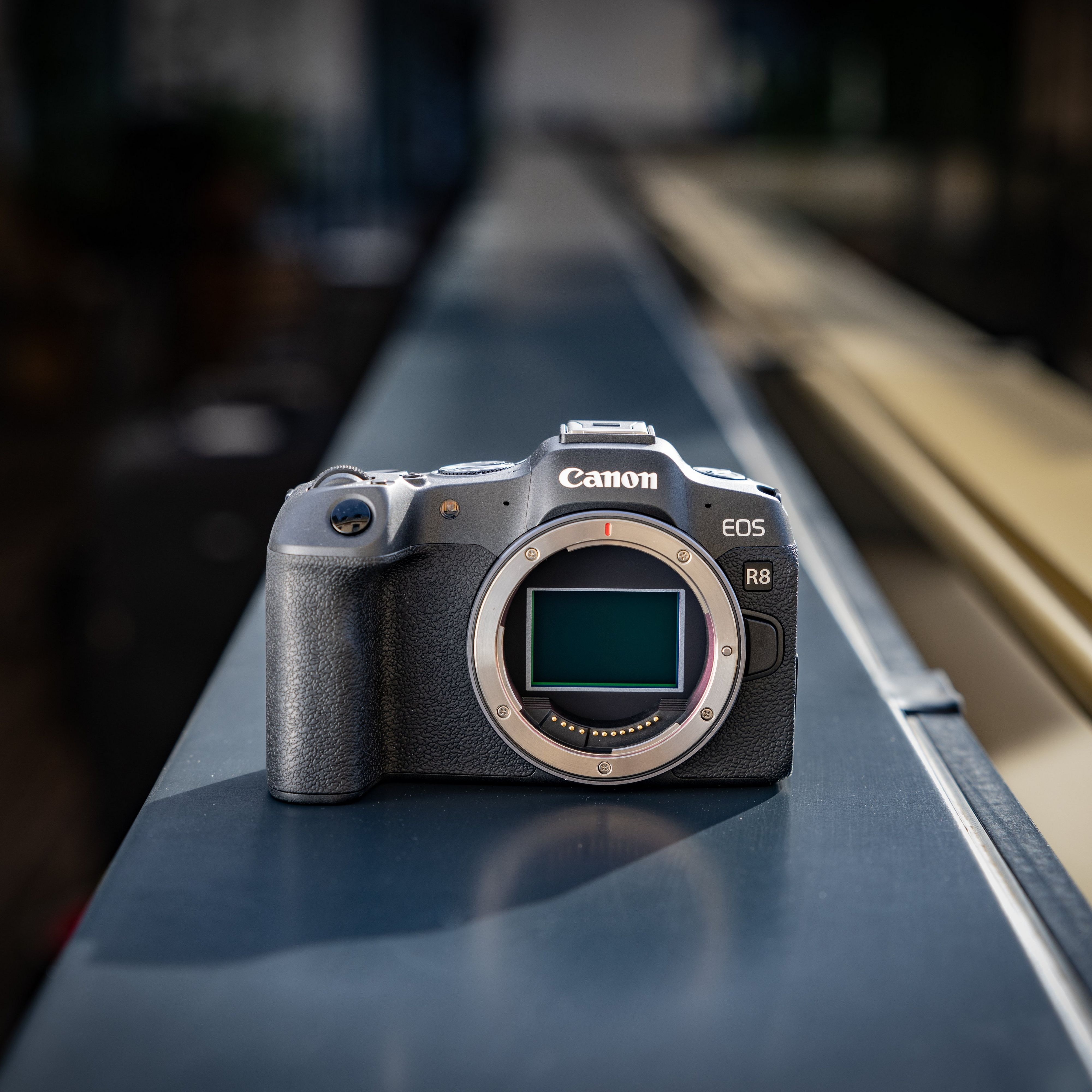 Un appareil photo Canon EOS R8 repose sur une surface sombre. La monture d'objectif est ouverte, révélant le capteur.