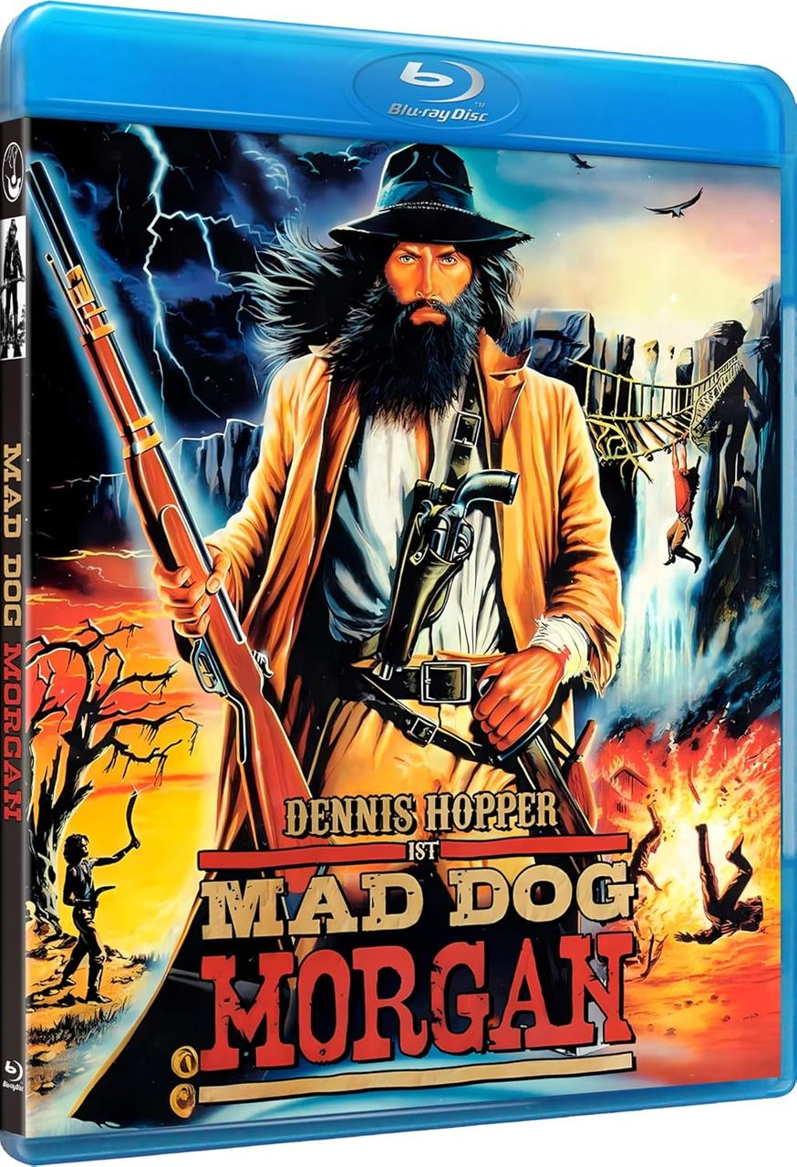Blu-ray-Cover: Mann mit Gewehr, Bart, Hut. Titel: Mad Dog Morgan. Hintergrund: Brücke mit fallenden Menschen, Feuer, Blitz.