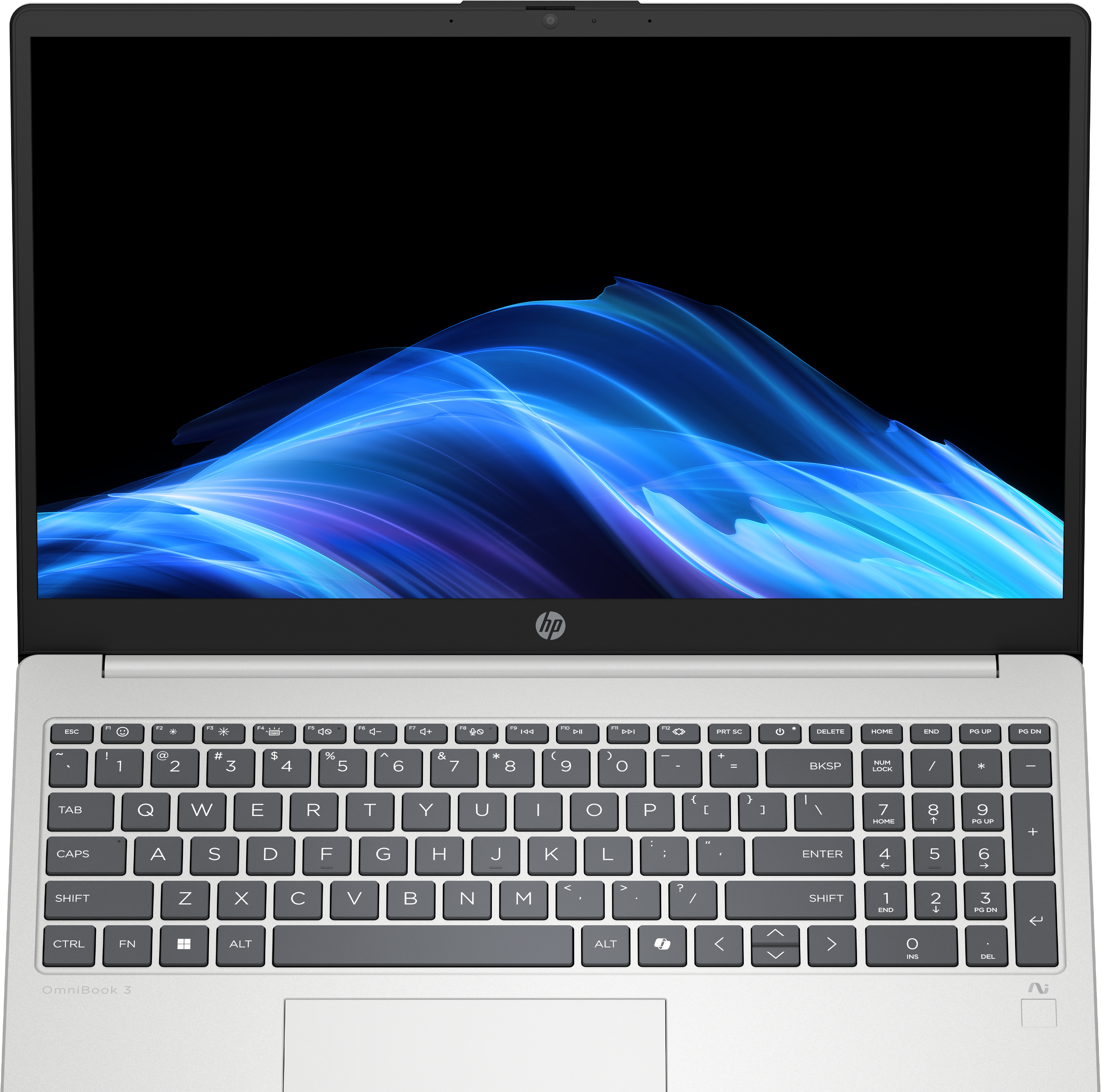 Silberner Laptop mit Tastatur und Bildschirm mit blau-weißer abstrakter Kunst.