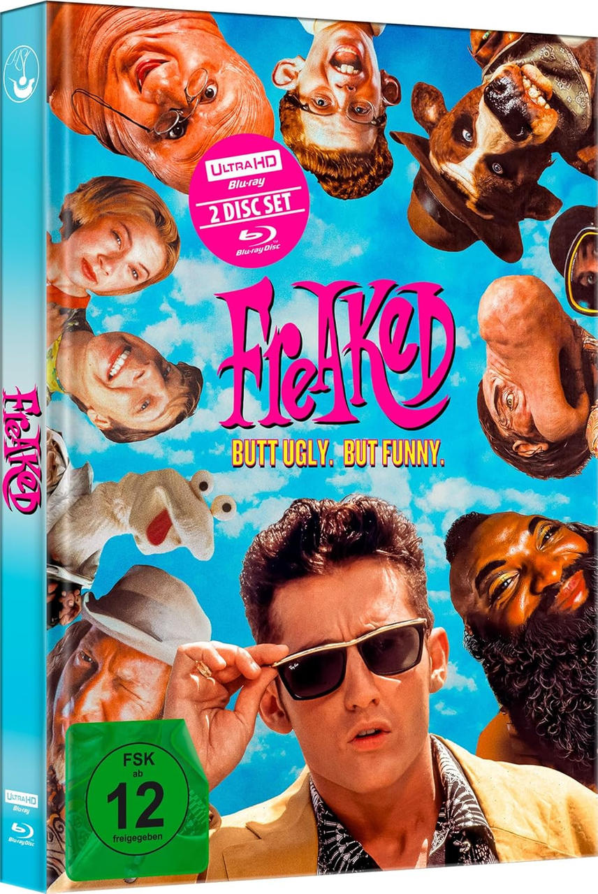 DVD-Cover für Freaked, Gesichter von Charakteren vor blauem Himmel. Ein Mann mit Sonnenbrille blickt nach vorne. Text: Butt Ugly. But Funny.