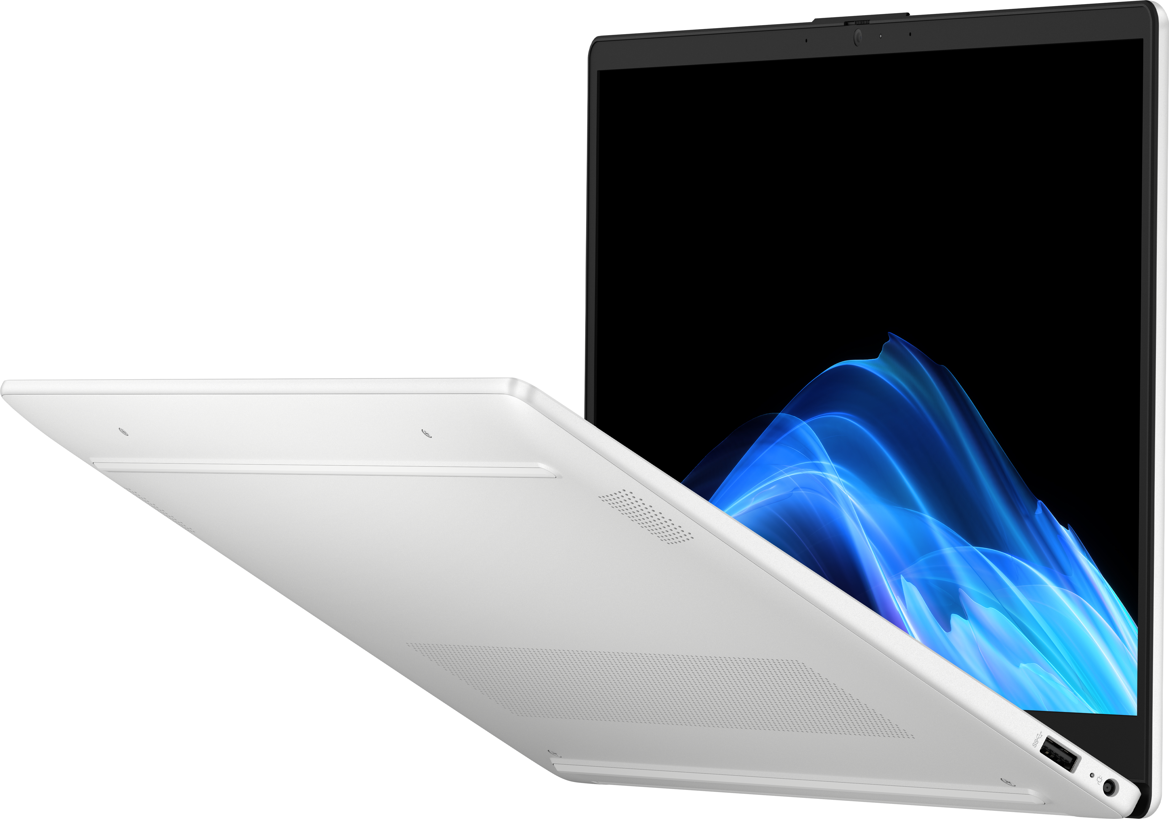 Weißer Laptop, Bildschirm geöffnet mit blauem abstraktem Design, vor schwarzem Hintergrund. Unterseite sichtbar.