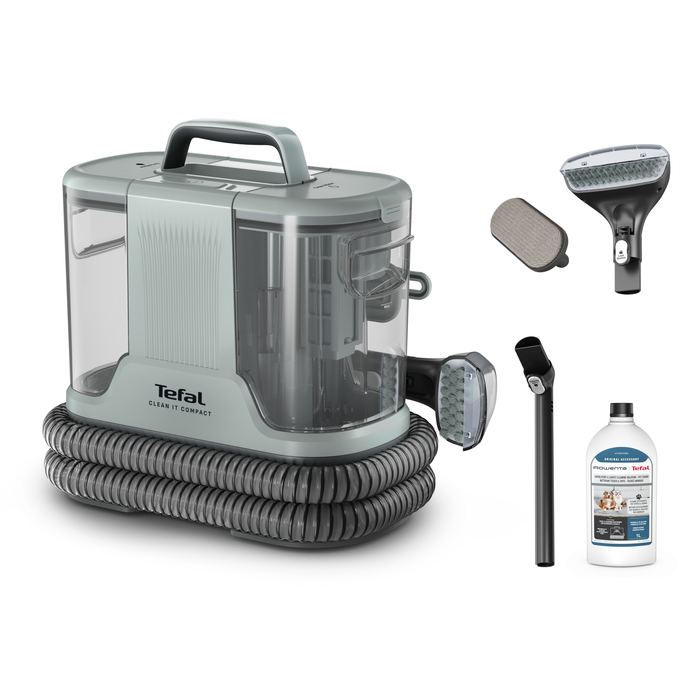Aksesuarla birlikte bir teal Tefal Clean It Compact temizleyici. Bir şişe temizleyici ve iki temizleme başlığı içerir.